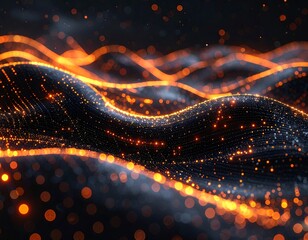 Abstract glowing particle waves on dark background for technology concept
