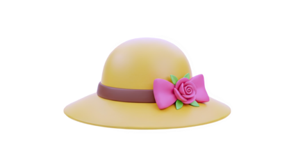 3D Yellow sun hat with pink bow and rose illustration on transparent background