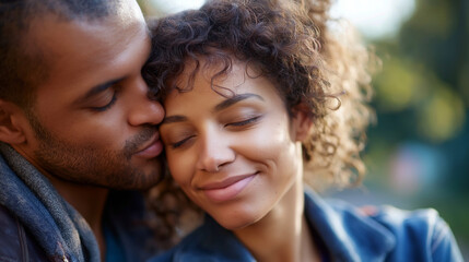 Fototapeta premium Tender young Black couple moment, man kissing woman's forehead, romantic embrace outdoors, affectionate gesture, intimate connection, with copy space