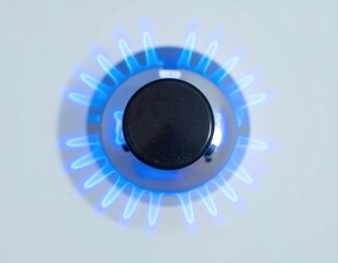 Top view of a gas stove burner with blue flames