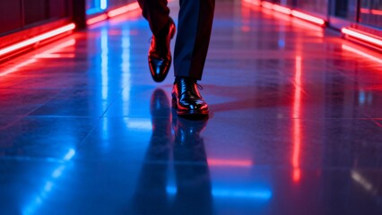 Fototapeta premium Person walking in a neonlit corridor