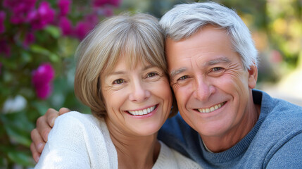 Cheerful couple embracing each other outdoors, happy relationship, outdoor romance, natural setting, affectionate bonding, defocused background, with copy space
