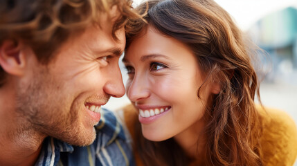 Close-up couple in love looking at each other, romantic date, love story, intimate gaze, emotional connection, tender moment, with copy space