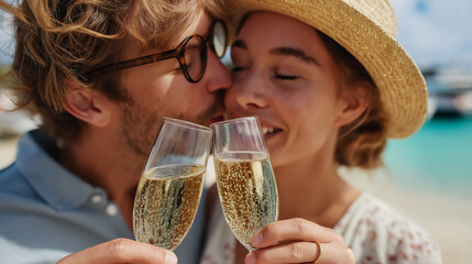 Couple celebrating engagement at seashore drinking champagne, honeymoon trip, beach lovers, wedding travel, vacation romance, ocean backdrop, with copy space