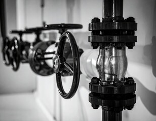Industrial pipes and valves in monochrome, close up view