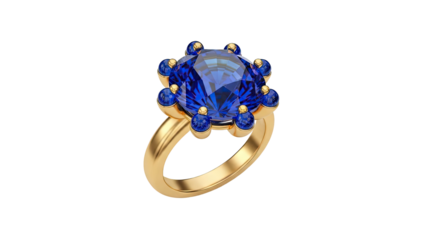 Gold ring with large blue sapphire and smaller accent sapphires on transparent background