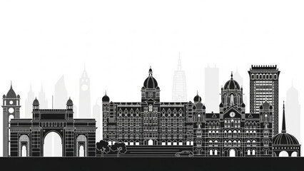 Fototapeta premium Black and white illustration of a large building complex with towers and arches in front of a city skyline