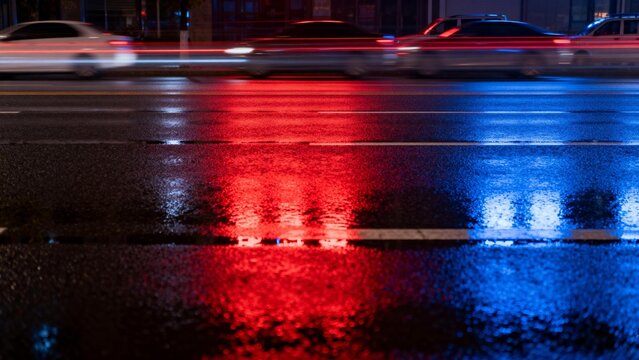 Nighttime city street with wet road and car lights