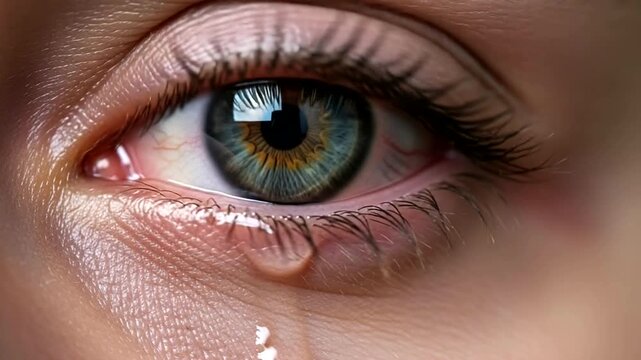 Close-up of a tear rolling down a woman's cheek