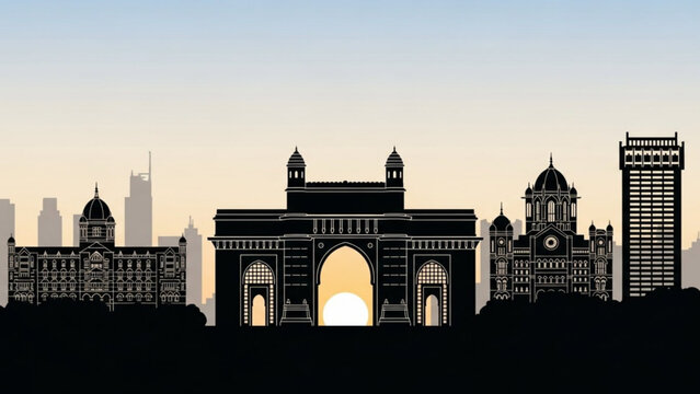 Gateway of india monument in mumbai cityscape at sunset with buildings