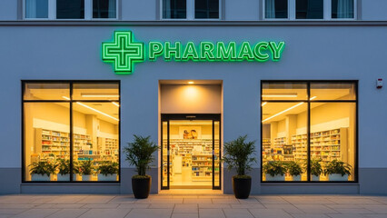 Modern pharmacy storefront with green neon sign at dusk