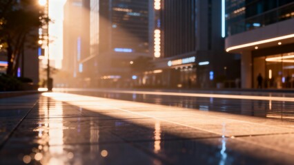 Obraz premium Wet city street at sunrise with buildings