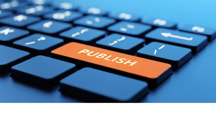 Close-up of computer keyboard with publish button highlighted