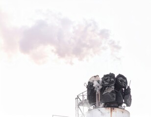 Industrial smoke and steam from exhaust stack with dark material