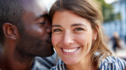 Beautiful interracial couple embracing and kissing closeup, mixed-race sweethearts, diverse love, joyful romance, intimate affection, relationship happiness, with copy space