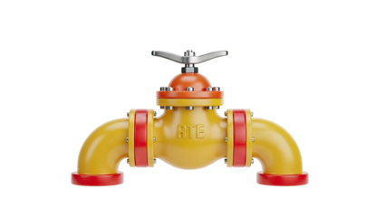 Industrial valve with yellow pipe and red accents on transparent background