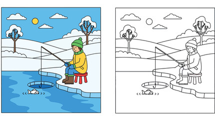 Winter ice fishing coloring book page with color reference. Cute boy sitting on a stool fishing in a frozen lake hole. Vector cartoon illustration for children education and activity.