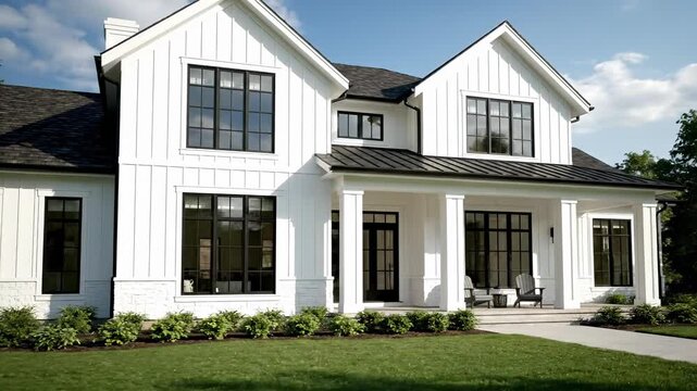 Modern white house exterior with large windows. Beautiful landscaping surrounds home, showcasing inviting and elegant architectural design. Bright sunlight highlights outdoor space.