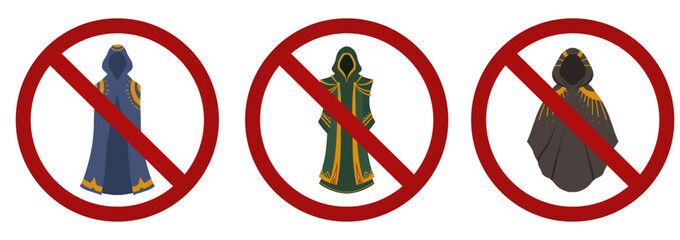 A vector set of prohibition signs. No capes allowed. No anonymity allowed. No entry for magicians.