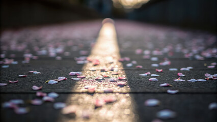 Street poetic atmosphere. Fallen cherry blossom petals on pavement create serene and beautiful scene