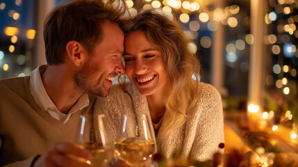 Happy couple celebrating birthday anniversary or Valentine's Day, romantic celebration, relationship milestone, love and joy, festive moment, with copy space