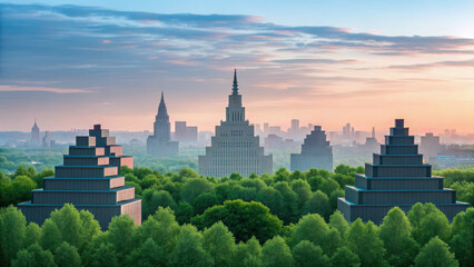 Street poetic atmosphere. Futuristic cityscape with geometric buildings and lush greenery at dawn, creating serene atmosphere