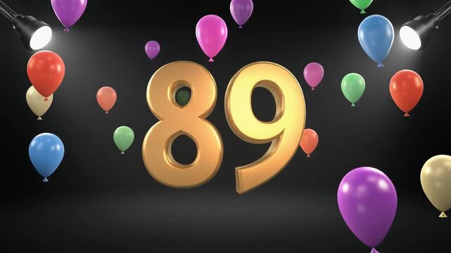 Number 89 in the spotlights with balloons in the background. Festive scene for birthday or anniversary party