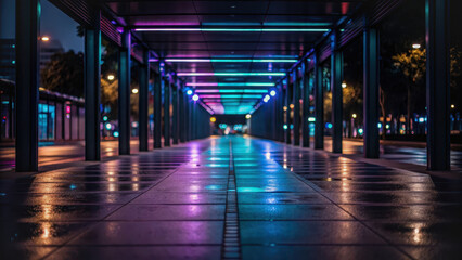 Street poetic atmosphere. vibrant night walk under muted neon lights creates atmospheric scene