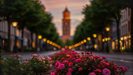 Street poetic atmosphere. romantic German street with vibrant flowers in foreground and softly lit tower in background