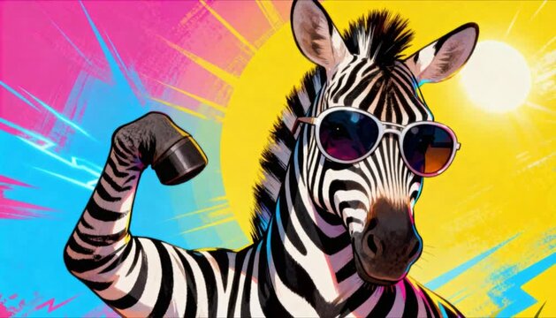a zebra wearing sunglasses poses playfully against a vibrant colorful background perfect for international zebra day