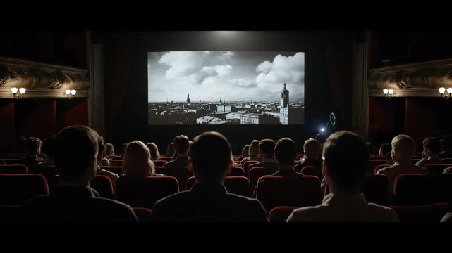 audience watching classic film in cinema, emotion fills room, black and white movie screens historical cityscape, shared experience captivates viewers