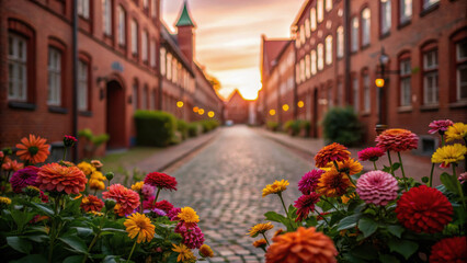 Street poetic atmosphere. Vibrant flowers frame historic cobblestone street at sunset, creating warm and inviting scene