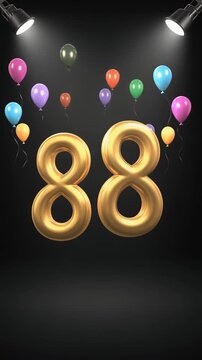 Number 88 in the spotlights with balloons in the background. Festive scene for birthday or anniversary party