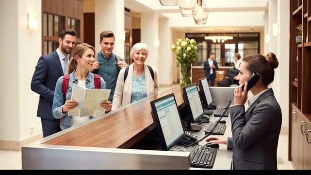 Hotel Reception Welcoming Guests with Friendly Service and Assistance.