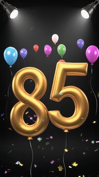 Number 85 in the spotlights with balloons in the background. Festive scene for birthday or anniversary party