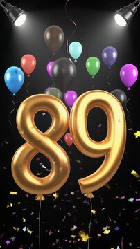 Number 89 in the spotlights with balloons in the background. Festive scene for birthday or anniversary party