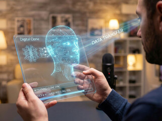 Man Syncing Personal Data to Digital Clone using Futuristic Holographic Tablet with Facial Scanning Technology