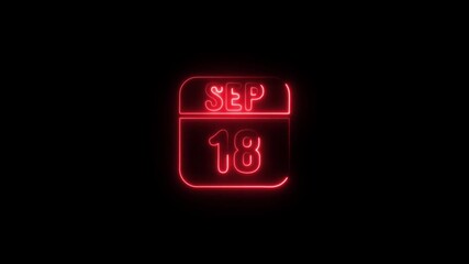 Neon Calendar September 18 Red Glowing Date Night Black Background