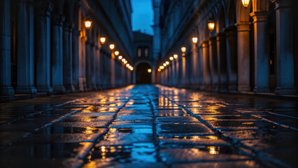 Street poetic atmosphere. Wet cobblestone alleyway at night with glowing streetlights reflecting on glossy stones