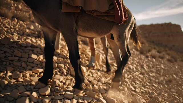 Man and woman in ancient robes riding a donkey through a rocky desert landscape, historical journey and pilgrimage for religious storytelling or cinematic themes