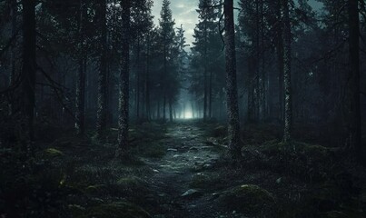Obraz premium A mysterious dark forest with a beckoning light.