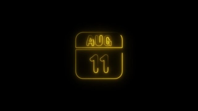 Glowing Yellow Calendar August 11 Neon Date Night Black Background