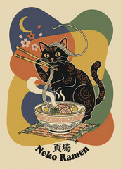 black cat eating ramen with chopsticks