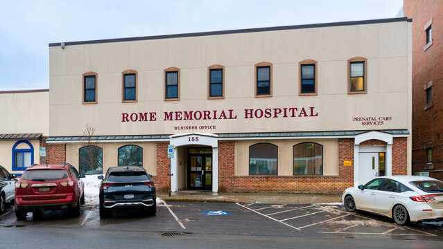 Rome, NY - Dec 17, 2025: Rome Memorial Hospital Business Office and Prenatal Care Services at 155 W. Dominick Street in Rome, NY, shown during winter with snow-covered ground