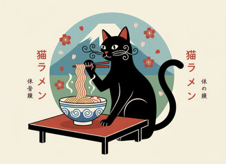 black cat eating ramen with chopsticks
