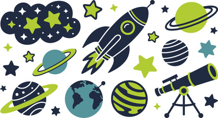 Cosmic adventure set with planets, rocket, stars and clouds, outer space exploration for kids, isolated vector illustrations on transparent background © MDMUKTADIR