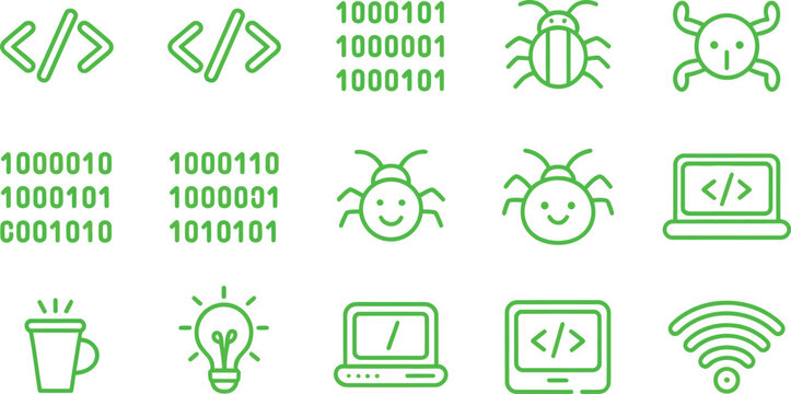 Computer programming icons set with coding tags binary code bugs and laptop technology development software design icons