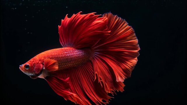 Vibrant red Betta fish swimming with flowing fins against a deep black background showcasing its beauty