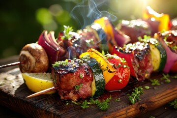 Colorful grilled kebabs on skewers served on a rustic wooden board in a sunlit outdoor setting
