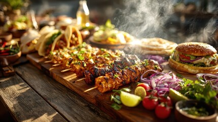 Colorful street-food platter with chicken skewers, tacos and burger on a rustic board